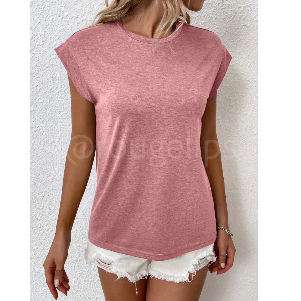 Pink Crew Neck Muscle Tee Top Shirt Cap Sleeve, Round Neck - Picture 4 of 8
